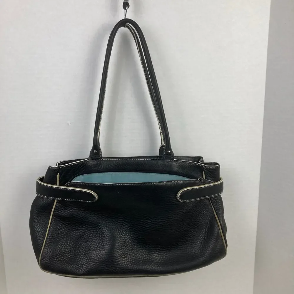 Cole Haan Village Pebbled Leather Bag Black White Trim Buckle Satchel Lined Teal